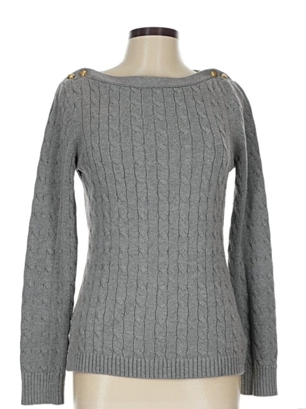 Ralph Lauren Light Gray Cable Knit Crewneck Sweater with Shoulder Button